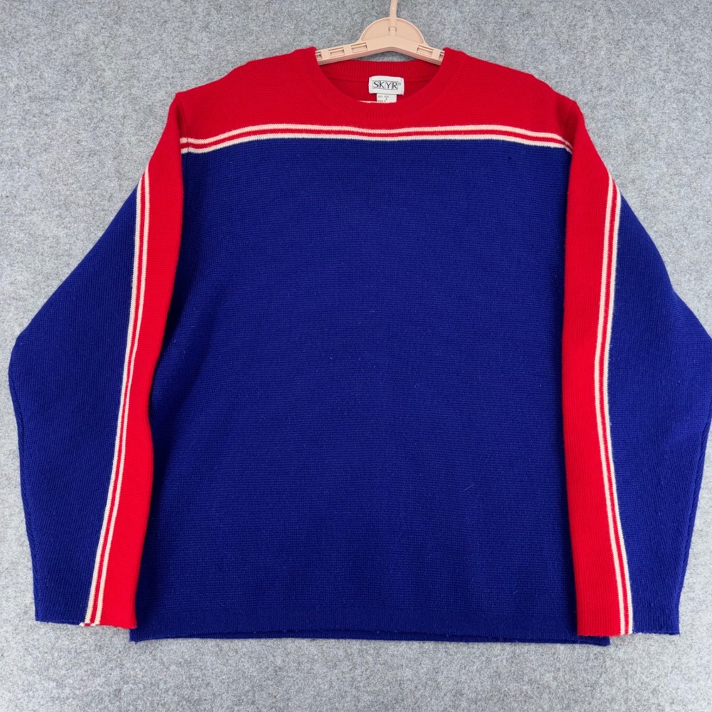 Vintage Skyr Wool Sweater Mens Large Blue Red Colorblock Racing Stripe Crewneck